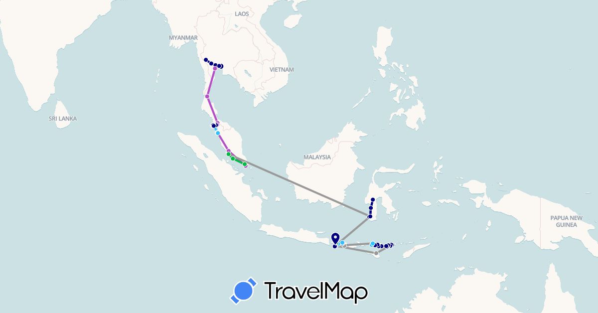 TravelMap itinerary: driving, bus, plane, train, boat in Indonesia, Malaysia, Singapore, Thailand (Asia)